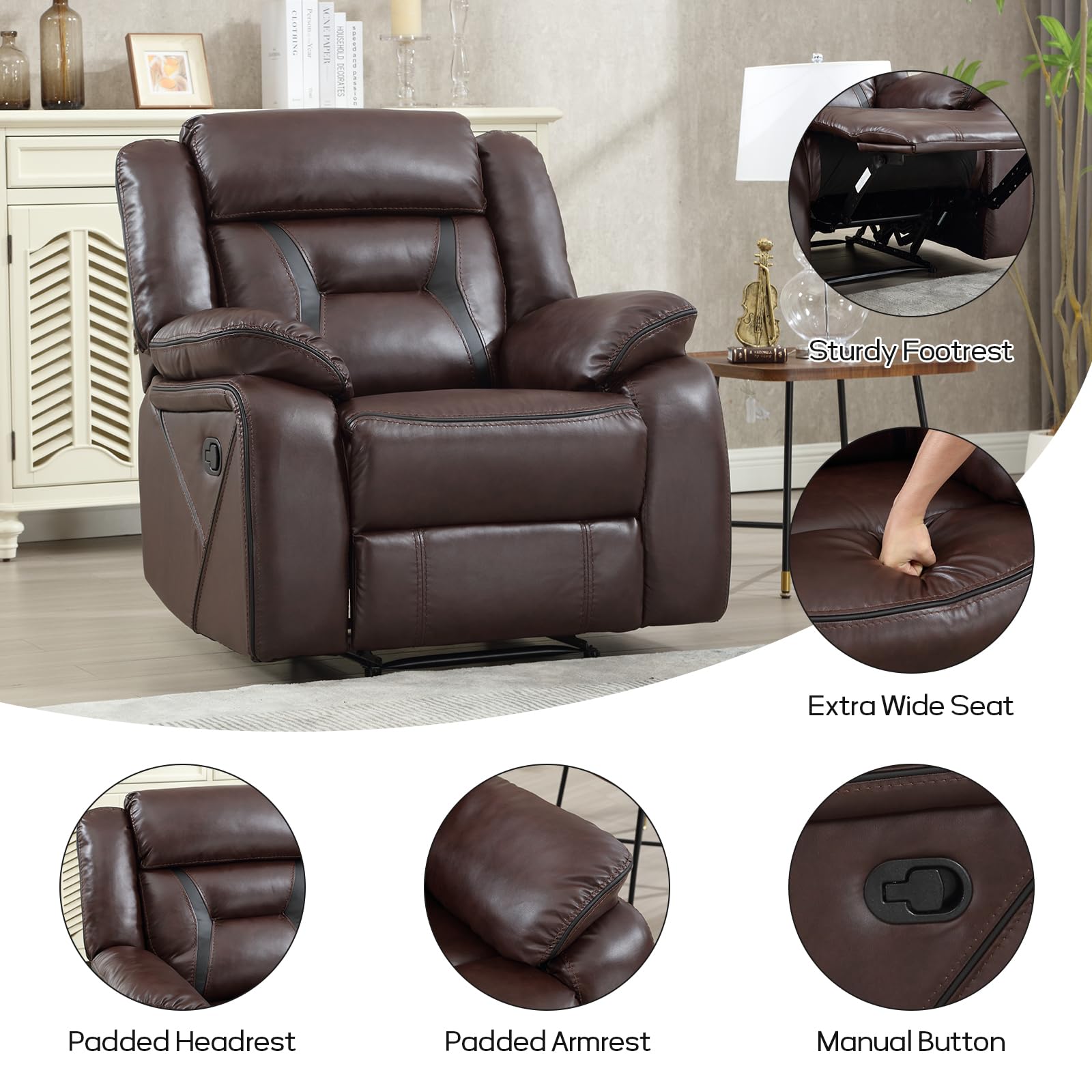 EBELLO Faux Leather Manual Recliner Chair, Modern Design Single Reclining Sofa Chair with Comfortable Armrest and Backrest, Furniture for Living Room, Bedroom, Dark Brown view 3