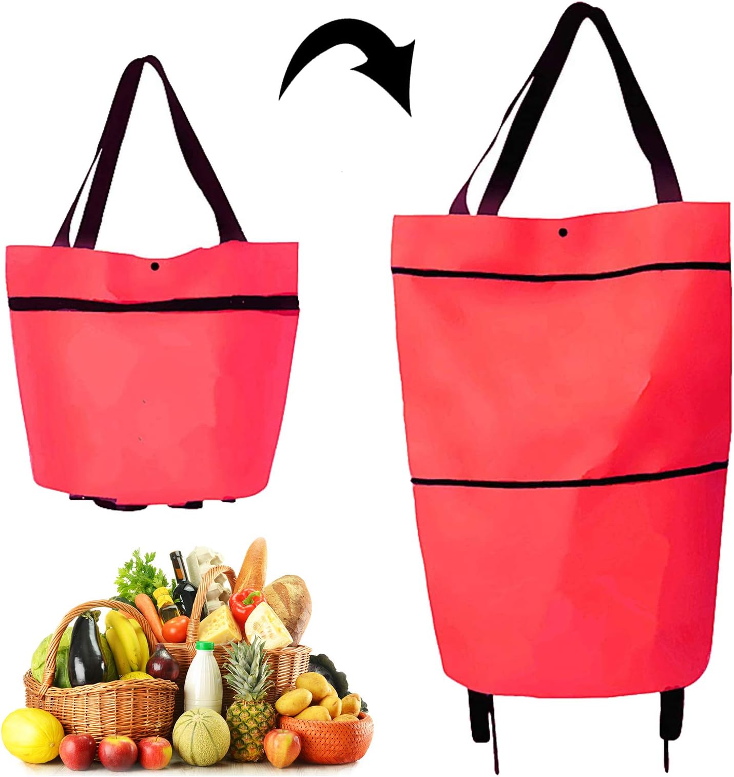 2 in 1 Foldable Shopping Cart, Collapsible Grocery Cart with Wheels Shopping Bag Telescopic Storage Bag for Traveling