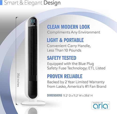 Miniatura 5 de Lasko Ventilador de torre oscilante inteligente alimentado por Aria, conectado por Wi-Fi, controlado por voz, compatible con Alexa y Google