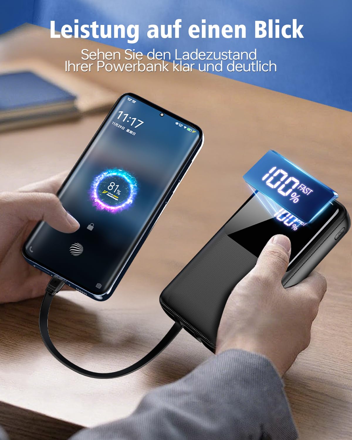 Power Bank 40000mAh, 22.5W USB C Powerbank Carga Rápida 2 Cables Integrados | 3 Puertos & 2 Cables Integrados Cargador Portátil, Batería Externa Compatible con iPhone 17/16/15 Android, Esenciales Camping