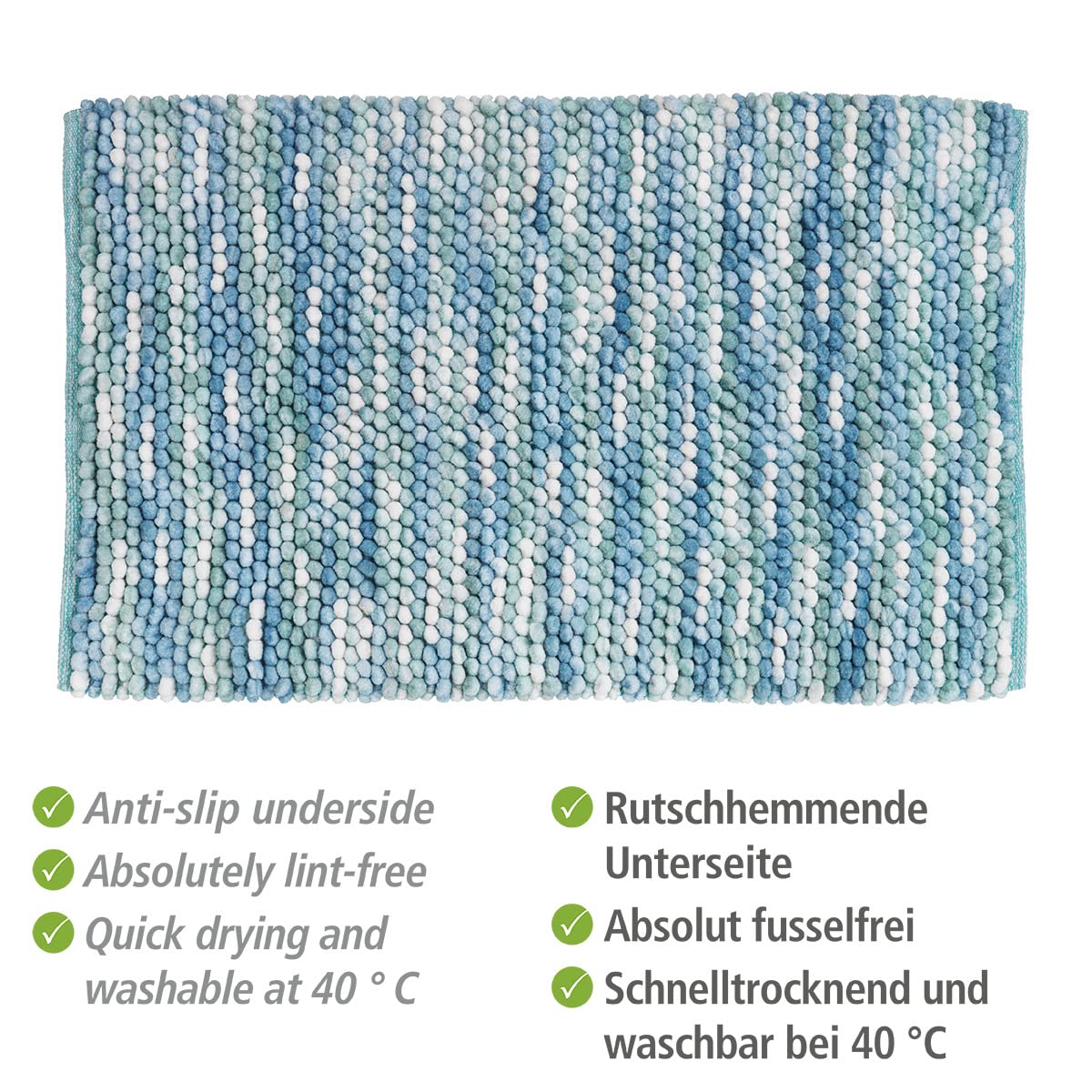 WENKO Badteppich Urdu Aqua, Badmatte im modernen Melange-Effekt, Badvorleger in schwerer Qualität, absolut fusselfrei, hohe Feuchtigkeitsaufnahme, schnelltrocknend, waschbar, rutschhemmend, 60 x 90 cm