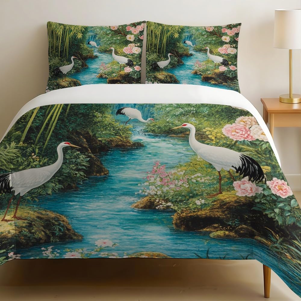 Linge de lit 2 personnes 240x260 cm avec imprimé grues blanches haut de gamme