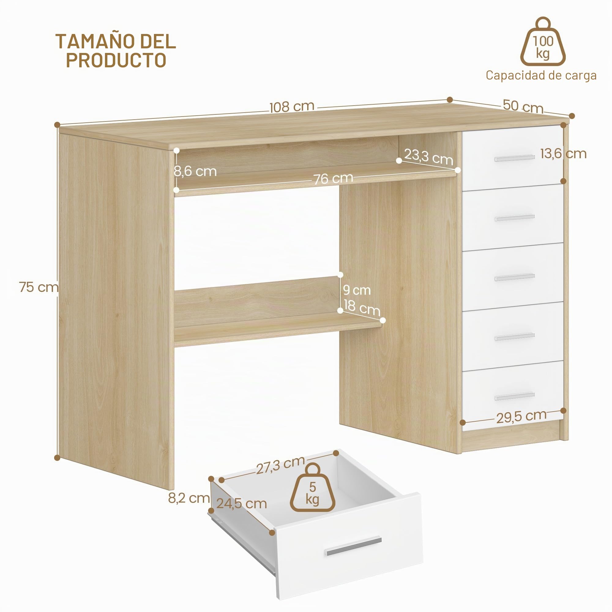 Hzuaneri Mesa Ordenador con 5 Cajones, Mesa de Oficina, Escritorio Moderno con Almacenamiento, para Estudio, Oficina, Dormitorio, 50 x 108 x 75 cm, Roble y Blanco CD10531X