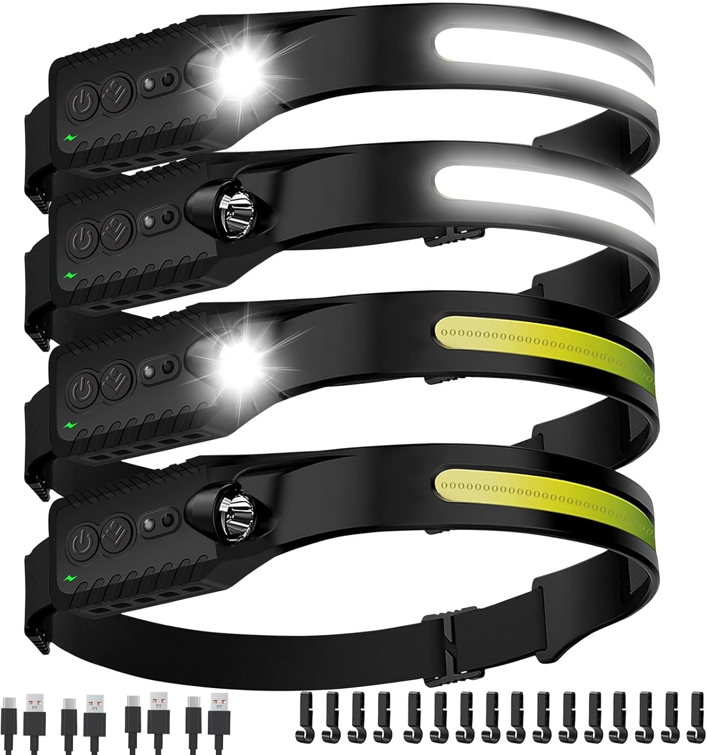 Nessciera Rechargeable LED Headlamp, 400 Lumens, 230° Wide Beam, USB-C, IPX4, 5 Modes — Lightweight, Adjustable Headband; Hard Hat Clips for Camping, Hiking, Running, Repairs & Gift (4 pack, Black)