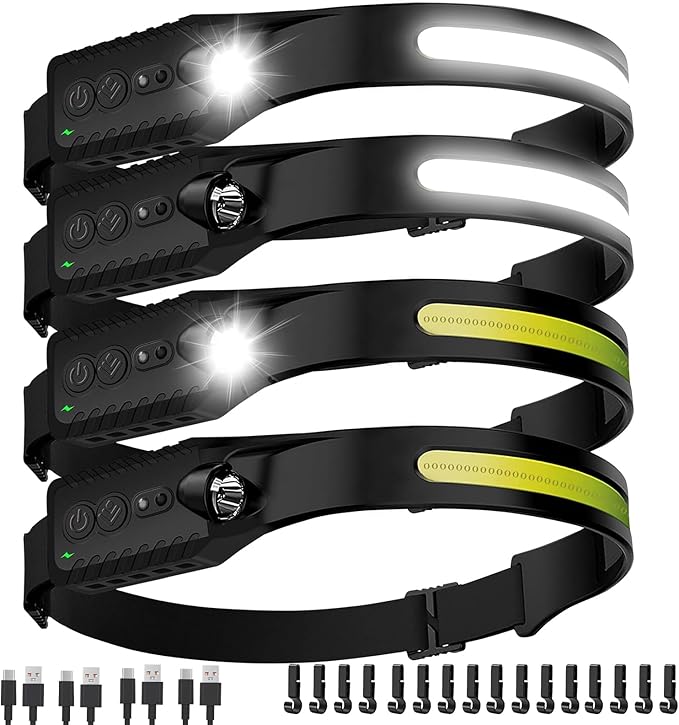 Nessciera Rechargeable LED Headlamp, 400 Lumens, 230° Wide Beam, USB-C, IPX4, 5 Modes — Lightweight, Adjustable Headband; Hard Hat Clips for Camping, Hiking, Running, Repairs & Gift (4 pack, Black)