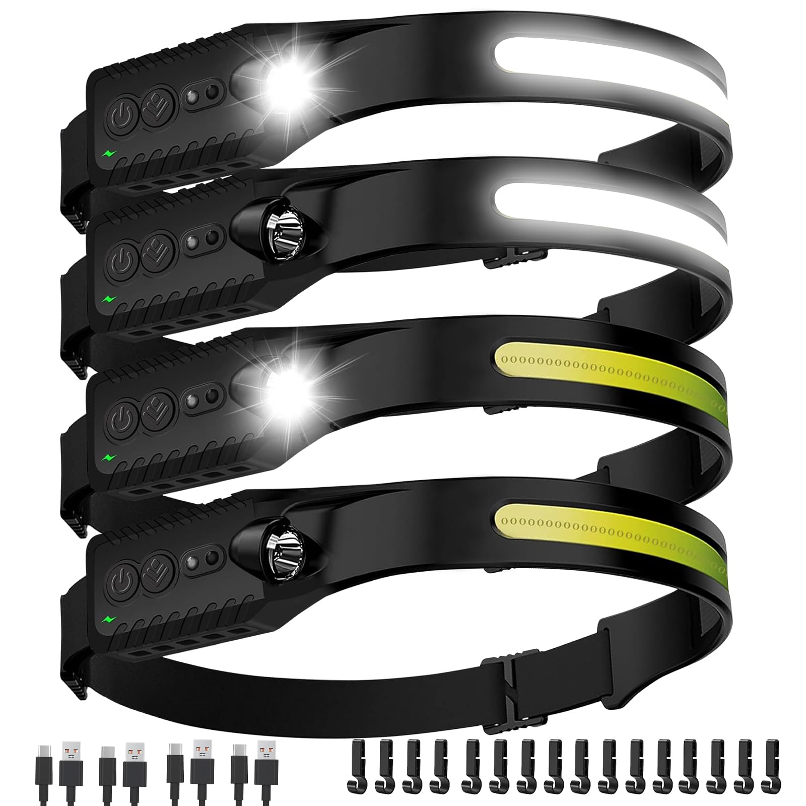 Nessciera Lot de 4 lampes frontales LED rechargeables, 400 lumens, faisceau large de 230°, USB-C, IPX4, 5 modes, léger, bandeau réglable, clips pour casque de sécurité pour camping, randonnée, course