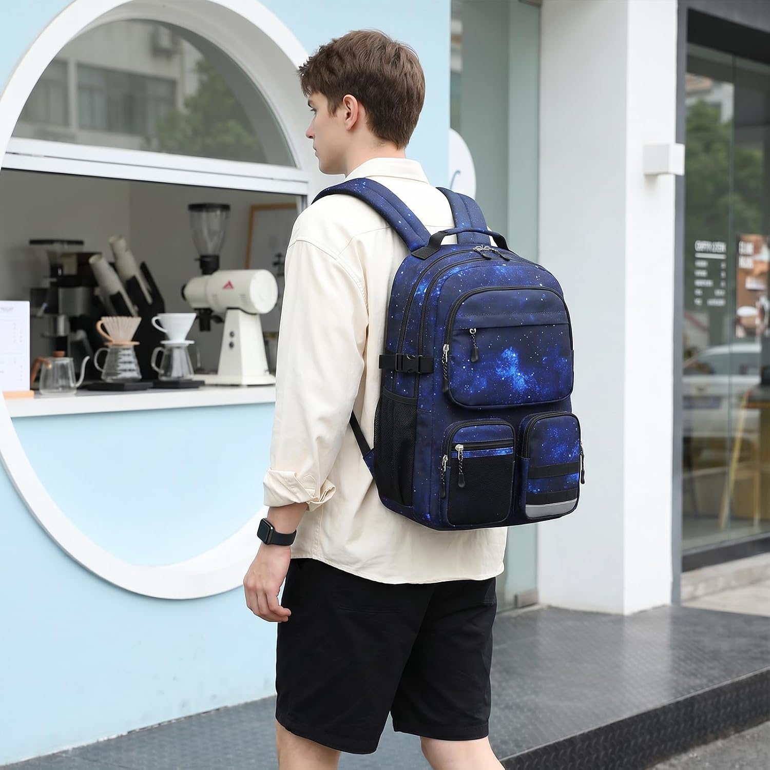 Lohol Water Resistant Backpack with Multifunctional Pockets for Teens, Durable Bookbag fits 15.6 inch Laptop for School Travel College, 25L (Black Blue Galaxy) image 2