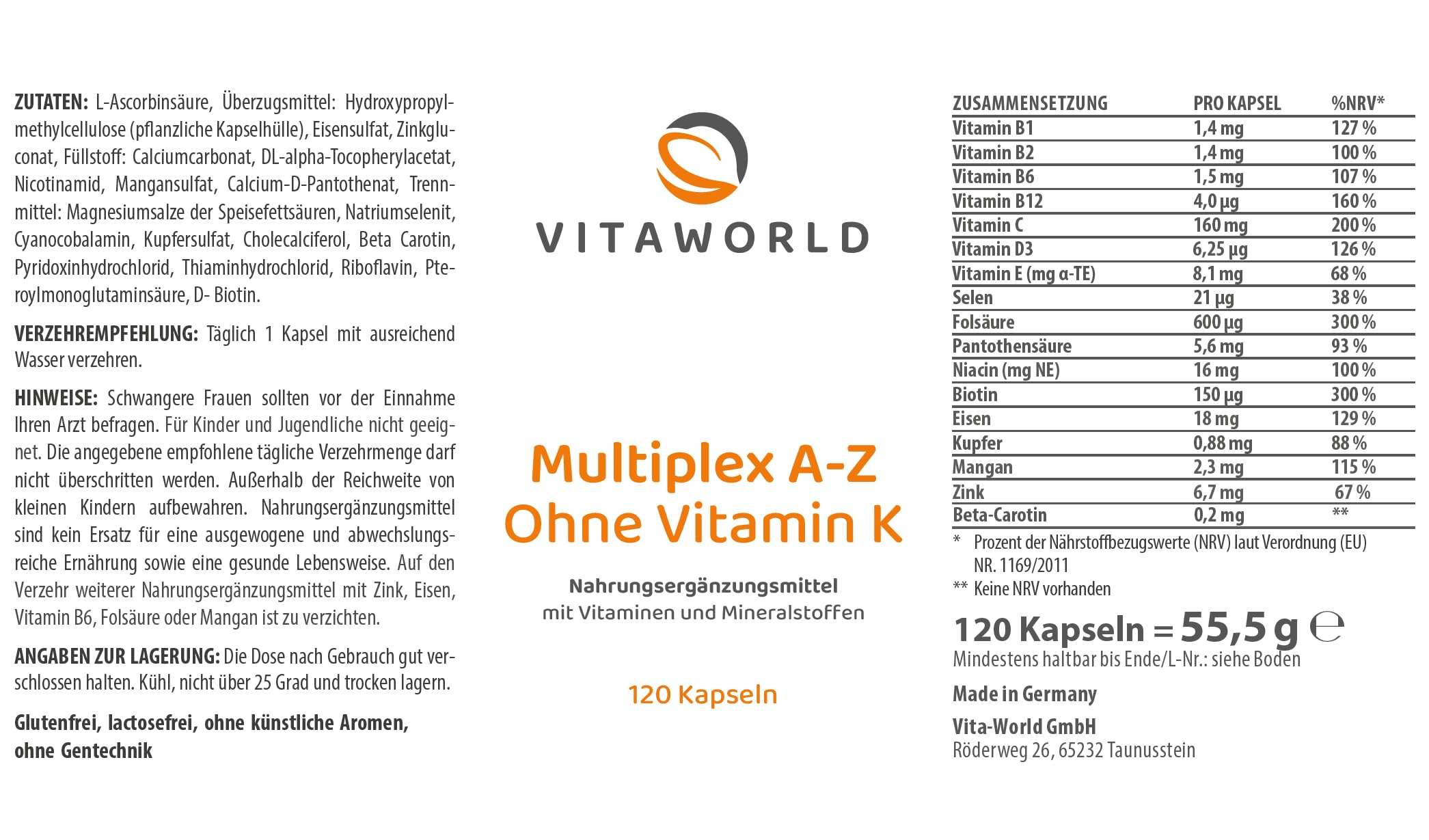3er Pack Vita World Multivitamin A-Z ohne Vitamin K Jodfrei 3 x 120 Kapseln Vegan Apotheker-Herstellung