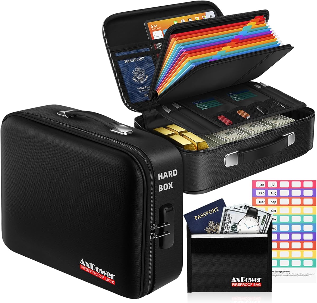 Fireproof Document Box Hard Case With Lock, Multi-Layer Fire Proof Water Resistant Safe Box File Organizer Bag With Small Money Bag for Important Documents Passport Certificates Laptop (Black)