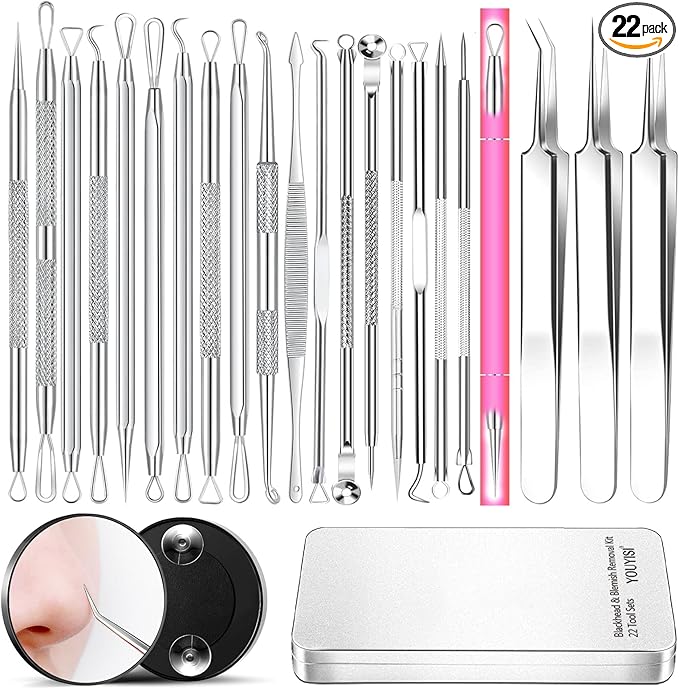 22 PCS Professional Pimple Popper Tool Kit, Blackhead Remover Tool with Magnifying Glass
