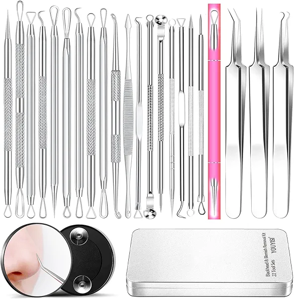 2025 Professional Pimple Popper Tool Kit - 22 PCS Blackhead Remover Tools for Acne and Zit Popping Comedone Extractor with Magnifying Glass