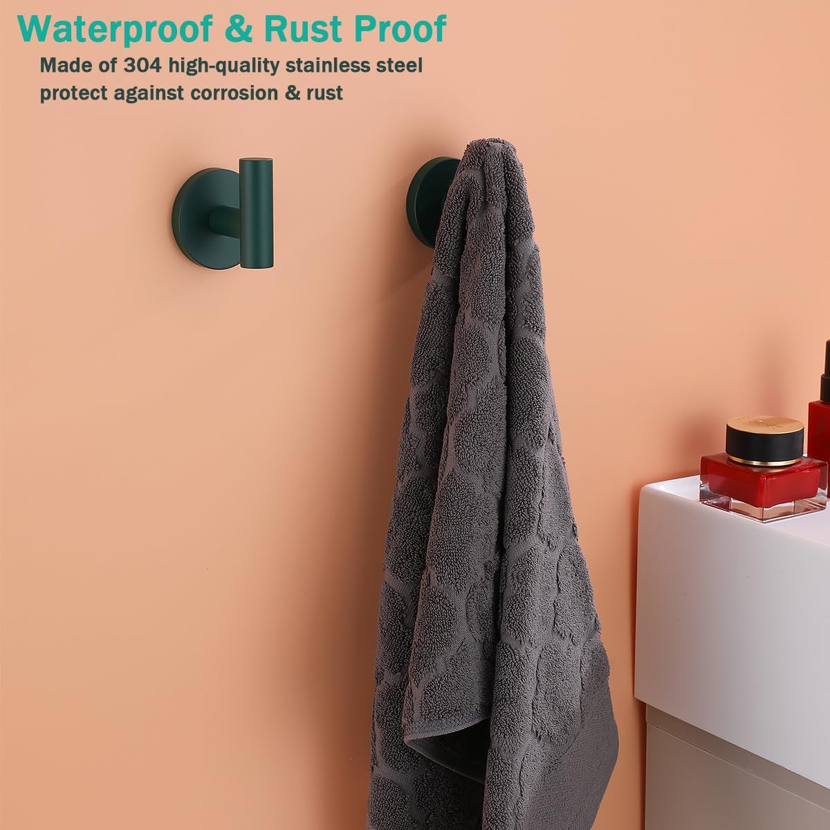 Towel Hooks for Bathrooms,Dark Green Wall Mount Hooks SUS 304 Stainless Steel Coat Hook Robe Hook Towel Hook 2 Count for Kitchen,Bedroom (Drilling),SE96006-8DKG