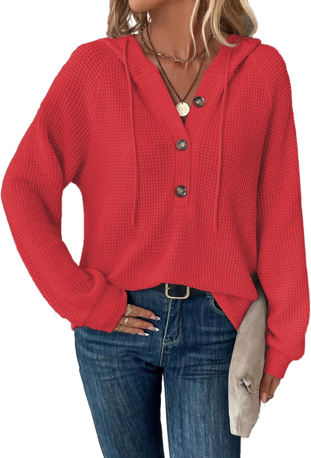 RIROW Womens Tops Long Sleeve Hoodies Waffle Drawstring Sweatshirt 2025 New S-3XL