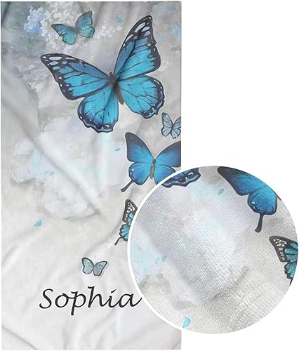 Elegante toalla de playa de mariposa plateada y azul personalizada con nombre personalizado, manta de baño de microfibra de 30 x 60 pulgadas