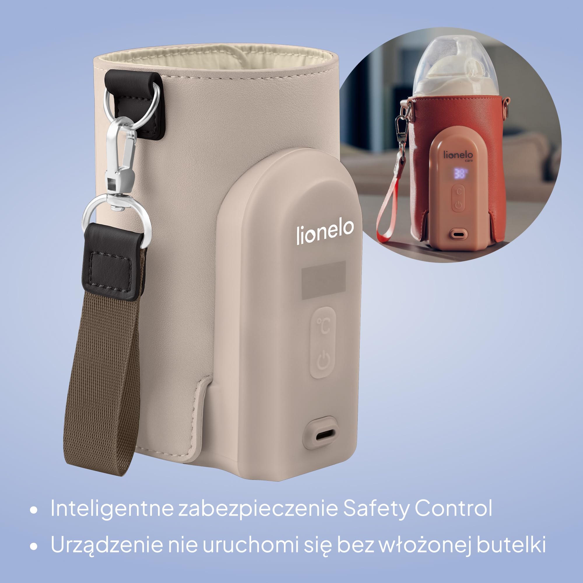LIONELO Thermup Go EVO przenośny podgrzewacz do butelek, utrzymuje ciepło płynów, 5 temperatur roboczych od 38 do 50°C, ładowanie przez USB-C, do 9 godzin pracy, wyświetlacz LCD