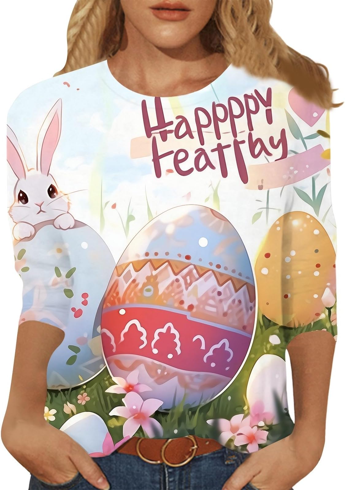 MKIUHNJEaster Bunny Shirt Women's 3/4 Sleeve Tops 2024 Fashion Plus Size F Formal Casual Shirts Graphic T-Shirts Round Neck Tops 90s Party Outfit
