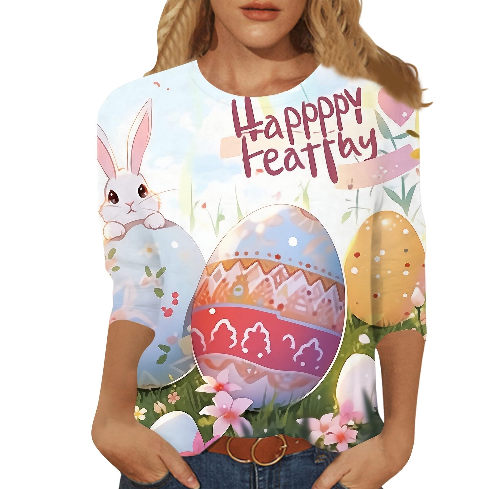 MKIUHNJEaster Bunny Shirt Women's 3/4 Sleeve Tops 2024 Fashion Plus Size F Formal Casual Shirts Graphic T-Shirts Round Neck Tops 90s Party Outfit
