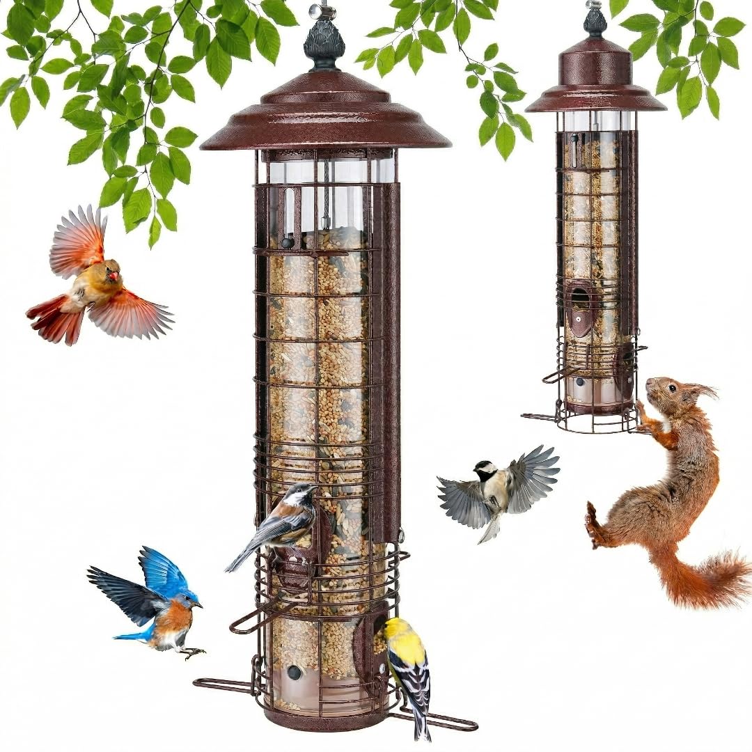 Kingsyard Squirrel Proof Bird Feeder for Outside Hanging, All-Metal Tube Bird Feeder, 3LB Seed Capacity, Weight-Activated Closure, Easy Top-Fill, 4 Metal Ports & Perches, Backyard Garden, Copper