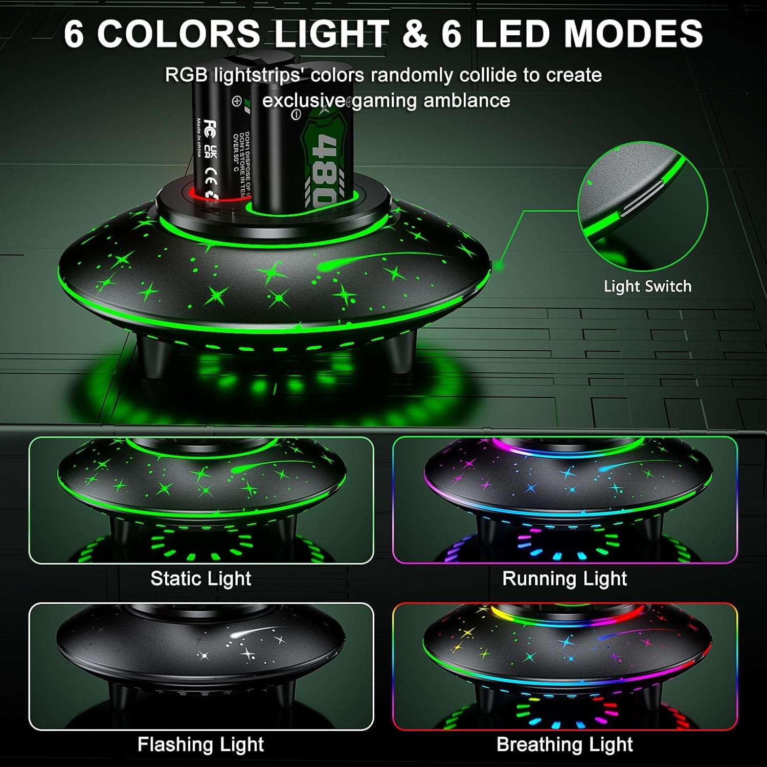 Batteria per Xbox One/Xbox Series X/S,6 Modalità LED RGB Colorful Stazione, 2 * 4800mWh Batteria per Xbox Series X/S/Xbox One/One S/X/One Elite Controller