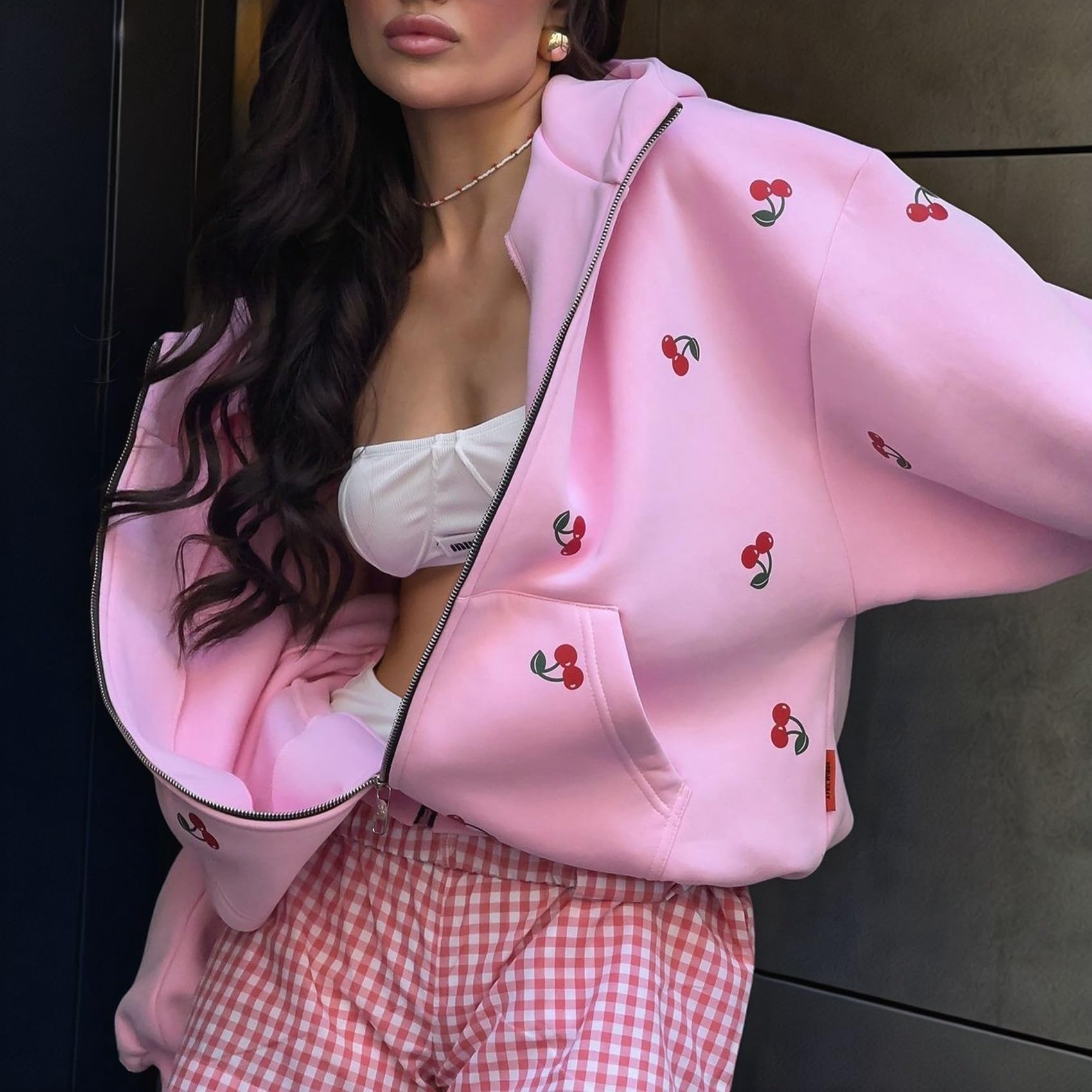 Sudadera con Capucha y Cremallera para Mujer, con Estampado de, Larga y Corte Oversize, Estilo Y2K Rosa M