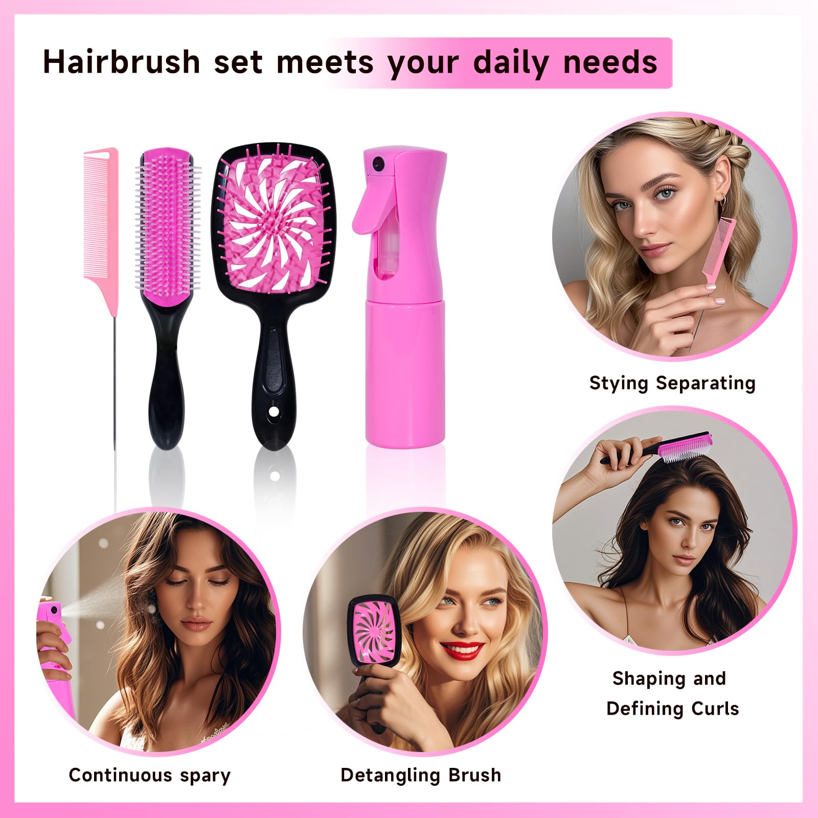 Juego de 11 cepillos para el cabello, cepillo para desenredar el cabello y botella de spray, 3 cepillos suaves para niños pequeños, adecuados para peinados húmedos y secos, adecuados para adultos y