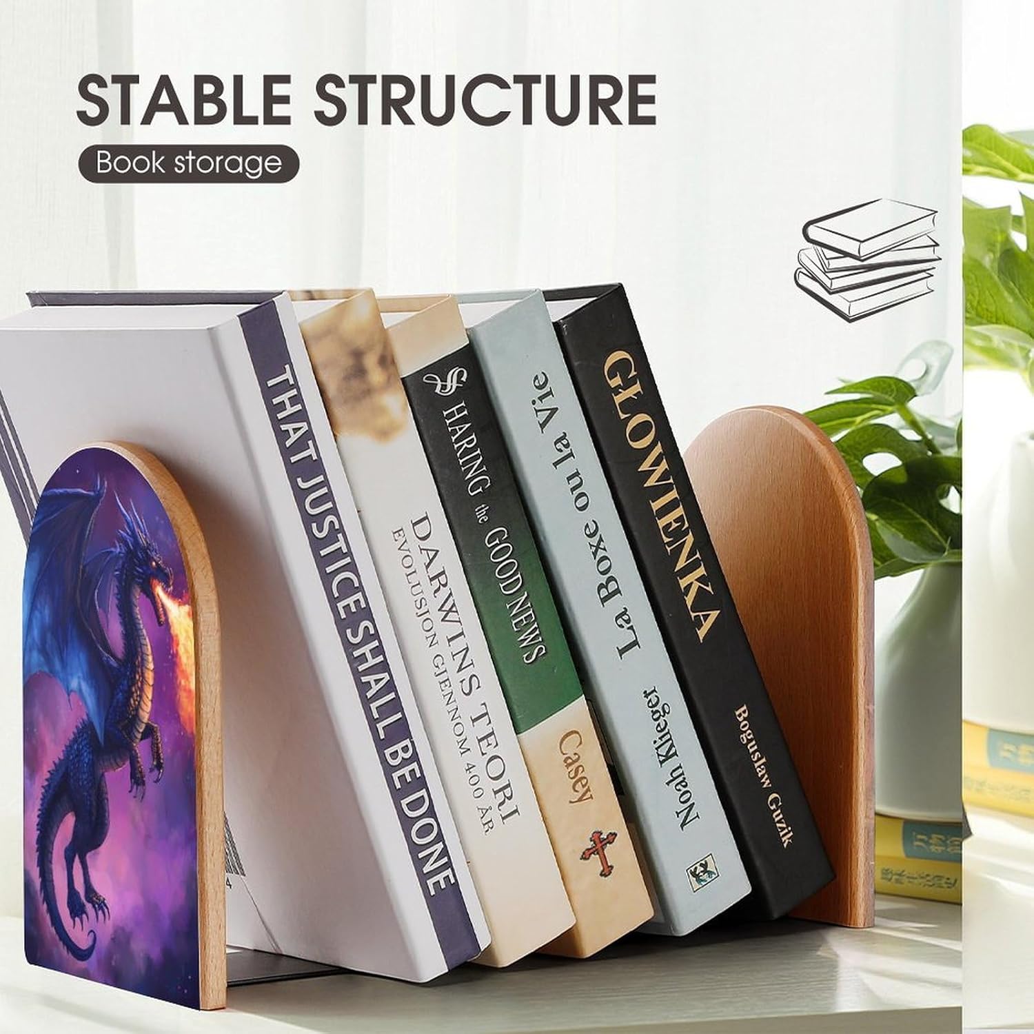 Angry Purple Dragon Cute Wood Book Ends Decorative Bookends 1 Pair Non-Skid for Shelves Home Office 7 X 5 Inch