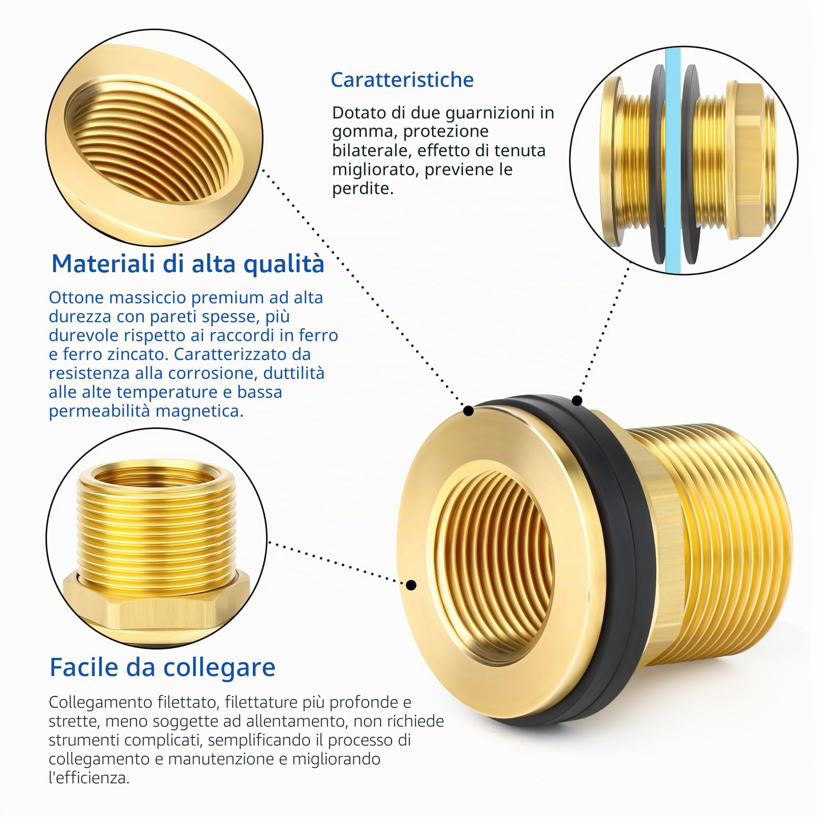 1 Pezzi connettori per Serbatoi d'Acqua in Ottone, Raccordo Maschio 2" BSP-Raccordo Femmina 1-1/2" BSP con 2 Anelli in Gomma per cisterne, acquari, vasche