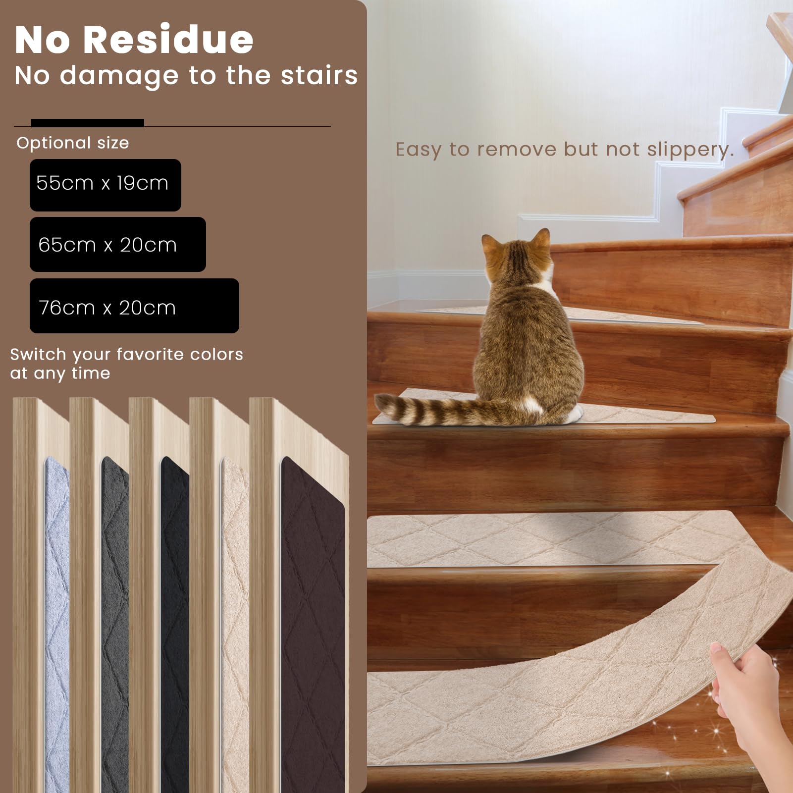 Alfombrillas para Escaleras Antideslizantes, 15 Alfombrillas Autoadhesivas Escalones Interiores, Recortables y Reutilizables - Protección para Mascotas, Mayores, Niños (Beige, 76x20 cm)