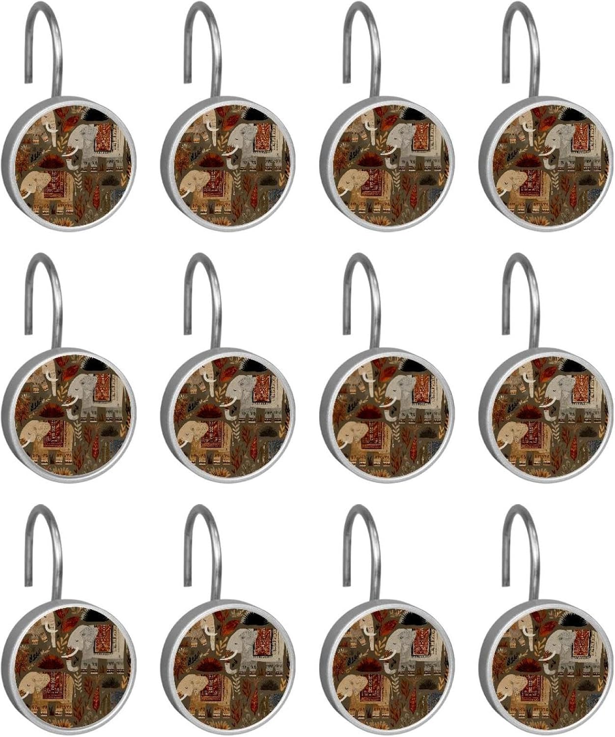 12 Pieces Boho Indian Elephants (1) Shower Curtain Hooks Rings, Stainless Steel Shower Hook Hanger Rings for Bathroom Living Room Bedroom Home Decor