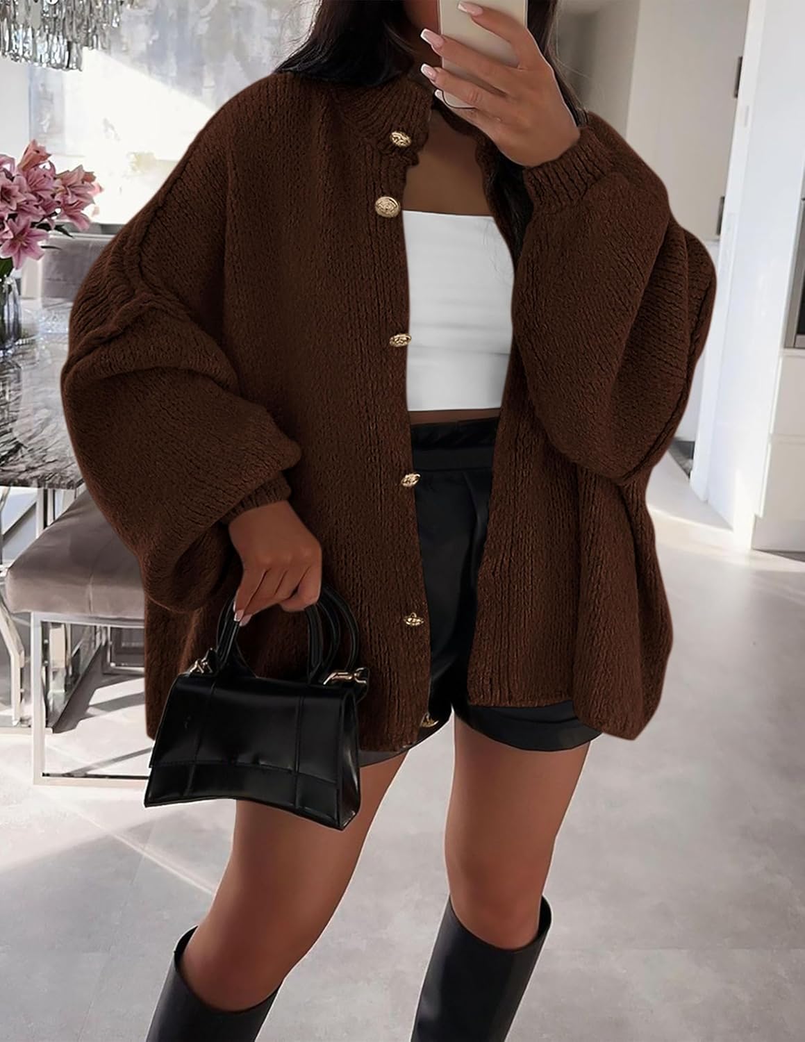Chic Mock Neck Chunky Knit Cardigan for Winter Warmth