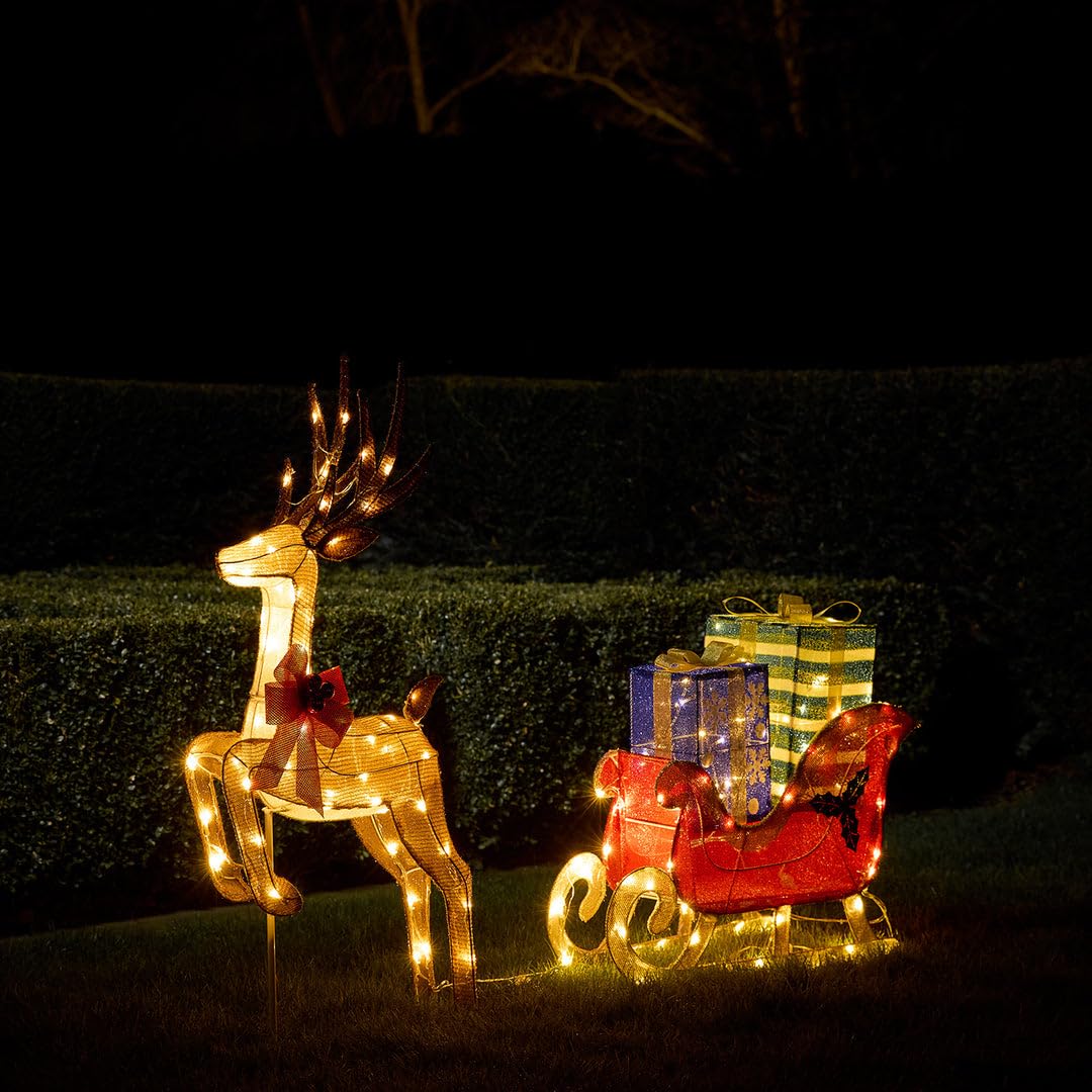 Lights4fun Renna Luminosa e Slitta Riempita di Regali di 1 m con 150 LED Bianco Caldo con Timer Decorazione Natalizia per Interni ed Esterni