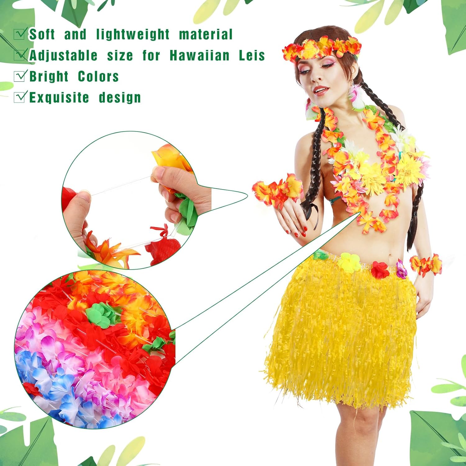 Blosssound 114 Pcs Hawaiian Luau Party Decorations Summer Tropical Table Skirts Leis Grass Skirts Flowers Necklaces Headbands Wristbands Palm Leaves Hibiscus Flowers Birthday Party Favor Supplies