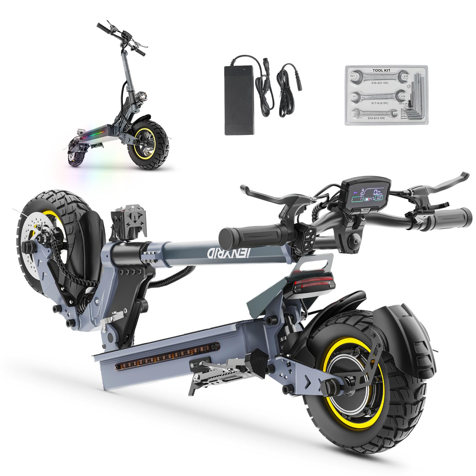 10" Monopattino Elettrico Adulto, Autonomia di 45-55KM, Doppio Ammortizzatore e Freni a Disco Anteriori e Posteriori, trotineta electrica Pieghevole,Scooter Elettrico Pieghevole Carico Massimo 150KG