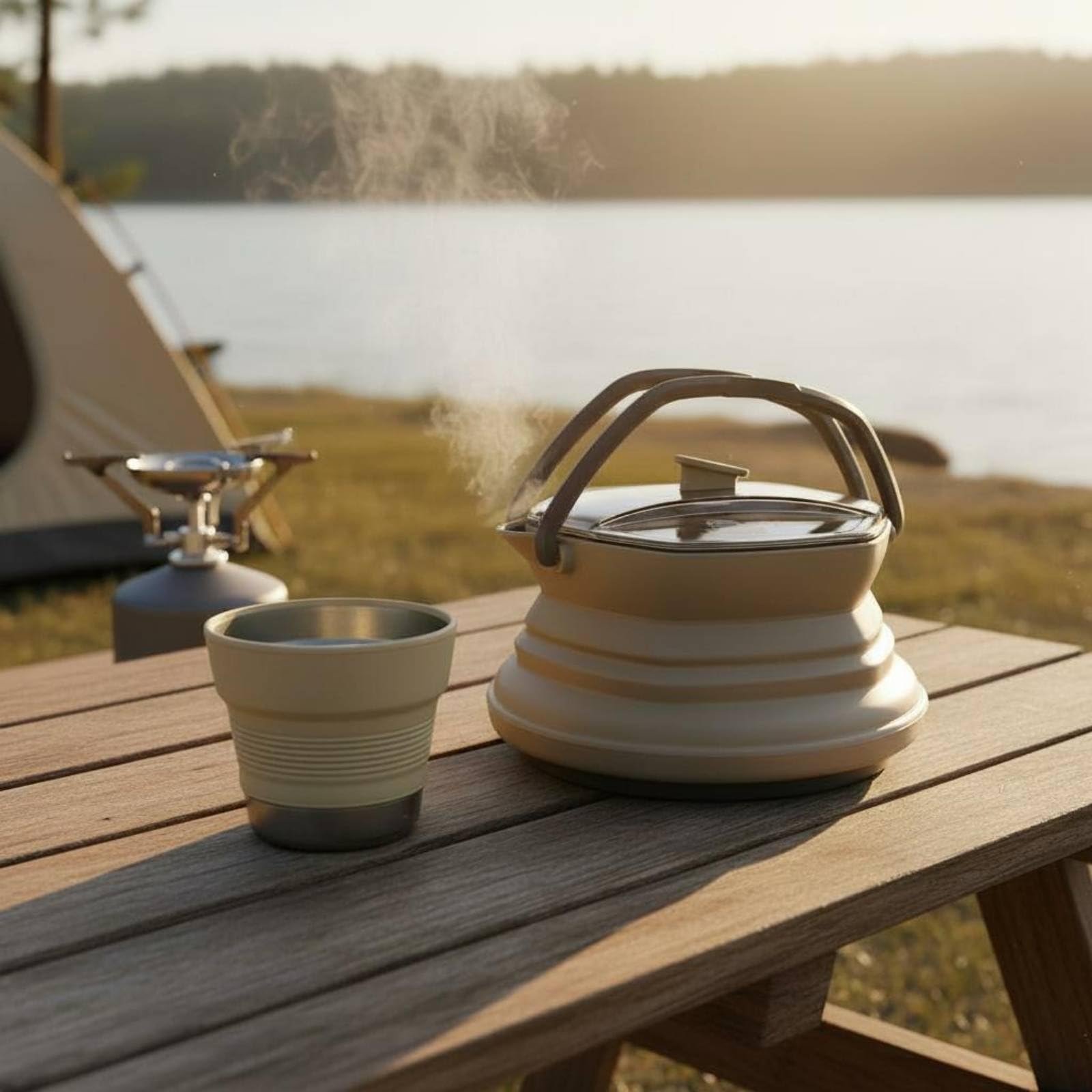 Tetera Plegable de Silicona con Taza Recipiente Hervidor y Vaso Fabricada con Silicona Alimentaria Base de Acero Inoxidable Adecuada para Camping Negocios Excursiones