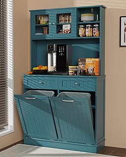Double Tilt Out Trash Cabinet Storage Cabinet 20 Gallon with Two Solid Wood Hideaway Trash Holder Drawers, Dual Wooden Free Standing Recycling Cabinets Can Bin Kitchen (Teal Blue)