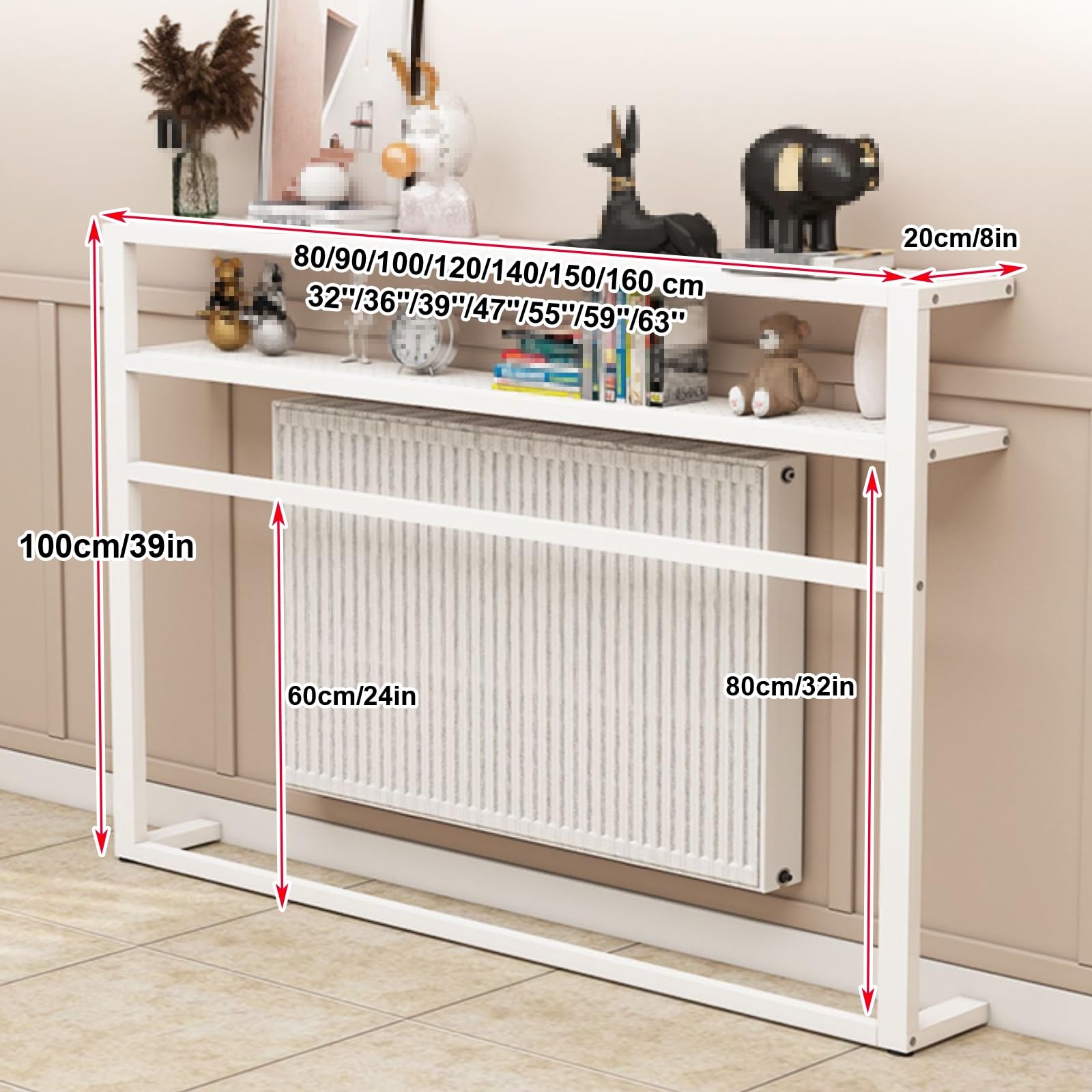 Mesa de cubierta de radiador con estante de almacenamiento, mesa consola de 2 niveles para sala de estar o baño, marco de acero estrecho con barra para ropa