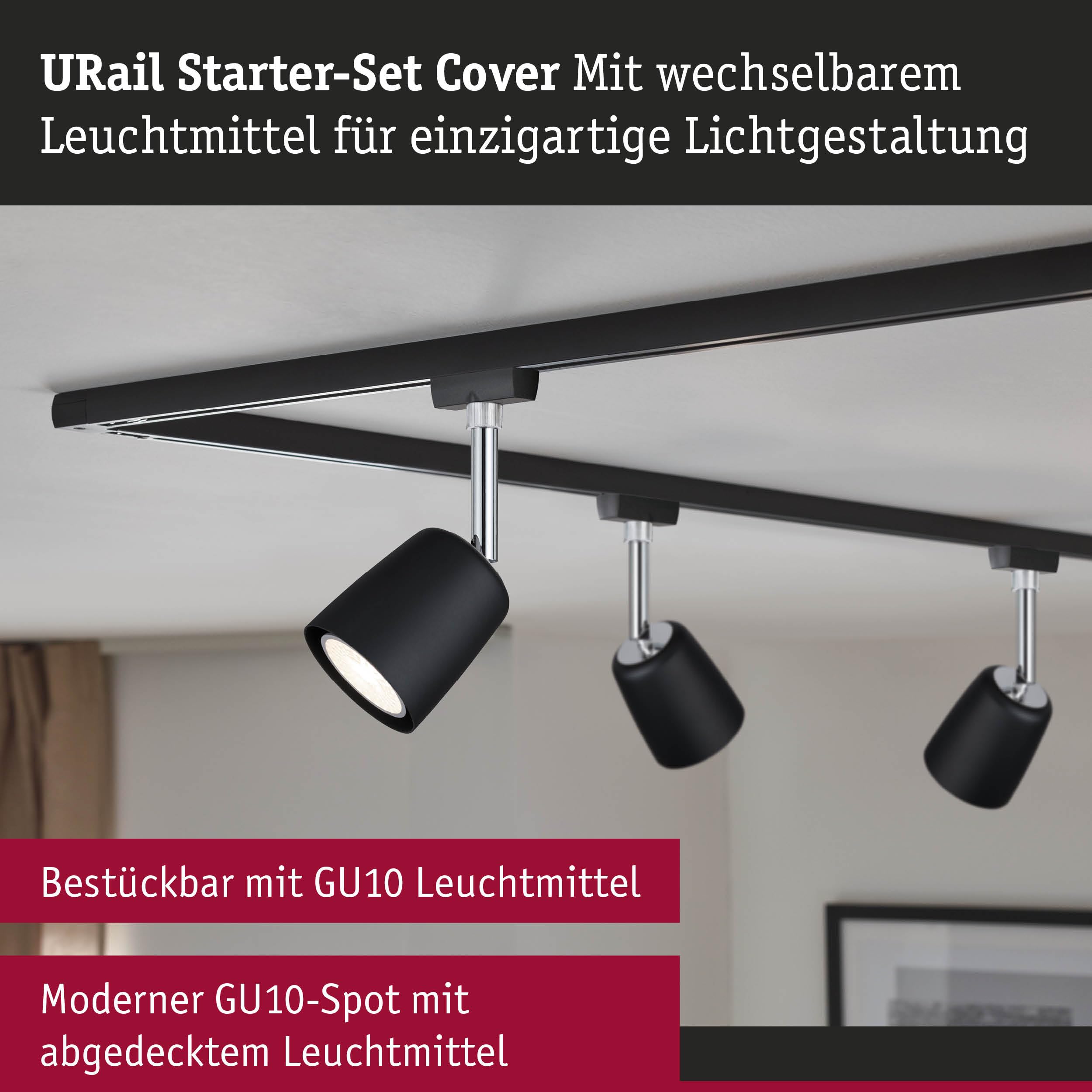 Paulmann 5244 URail Schienenspot Cover Starterset GU10 max. 10W dimmbar 230V Schwarz matt, Chrom