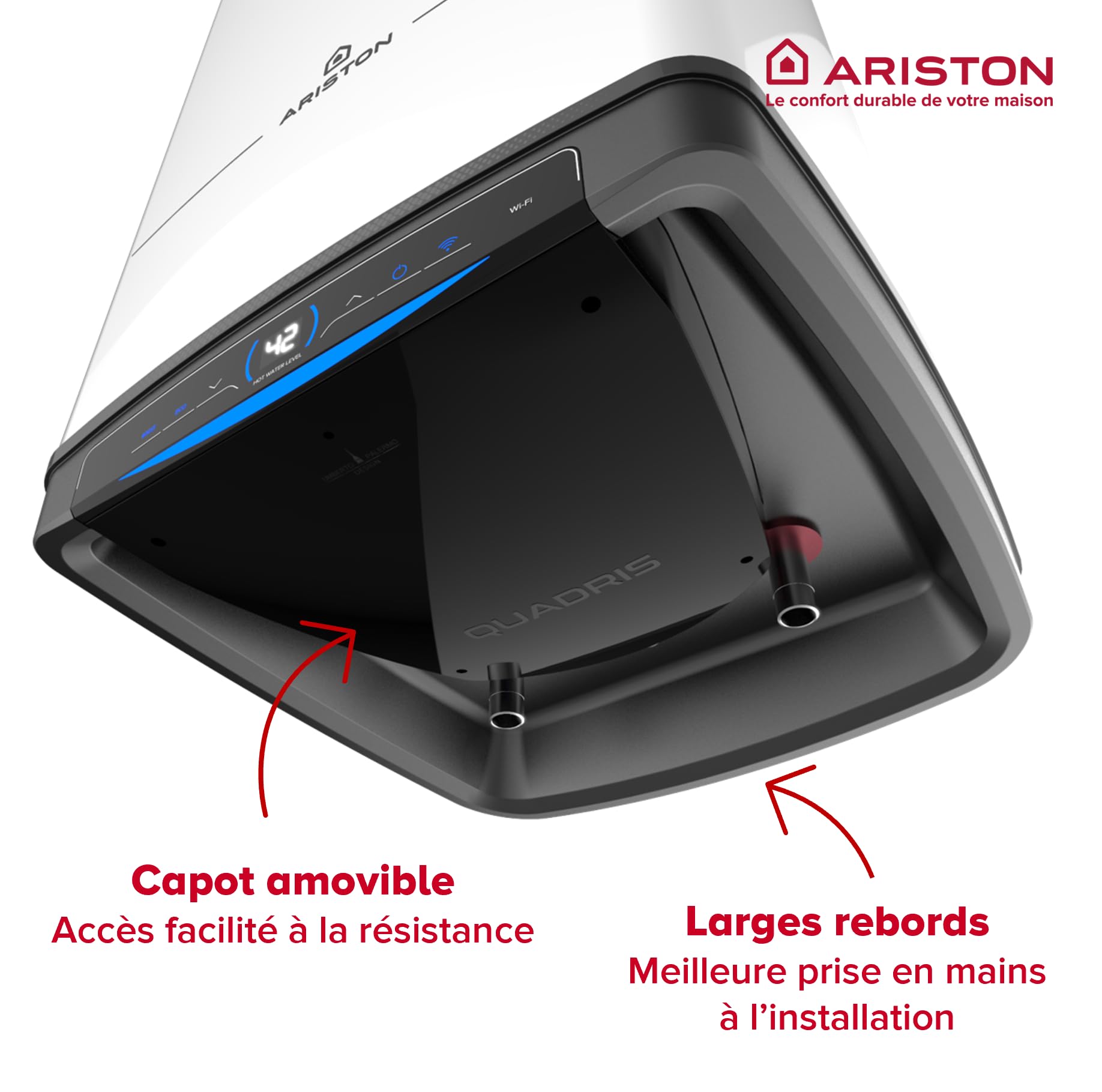 Ariston Quadris WiFi 120L, Chauffe Eau Électrique Compact, Intelligent, Connecté, Steatite, 25% d'Économie d'Énergie, Eco Evo, Fabriqué en France, Gain de place jusqu'à 1m2 au sol.