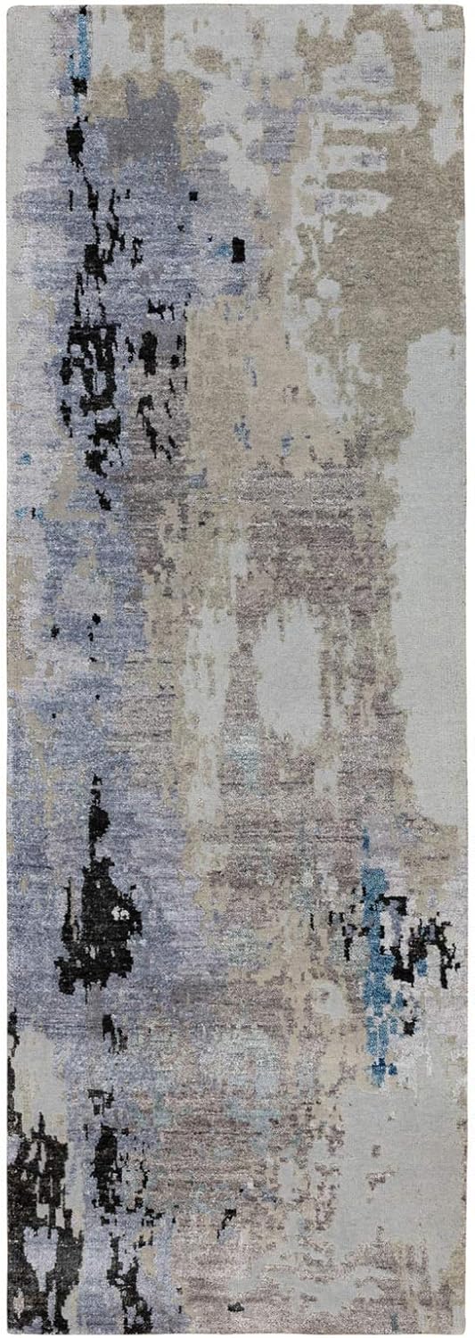 Gray Abstract Design Wool and Silk Runner Hand Knotted Oriental Rug(2'4"x7'5")