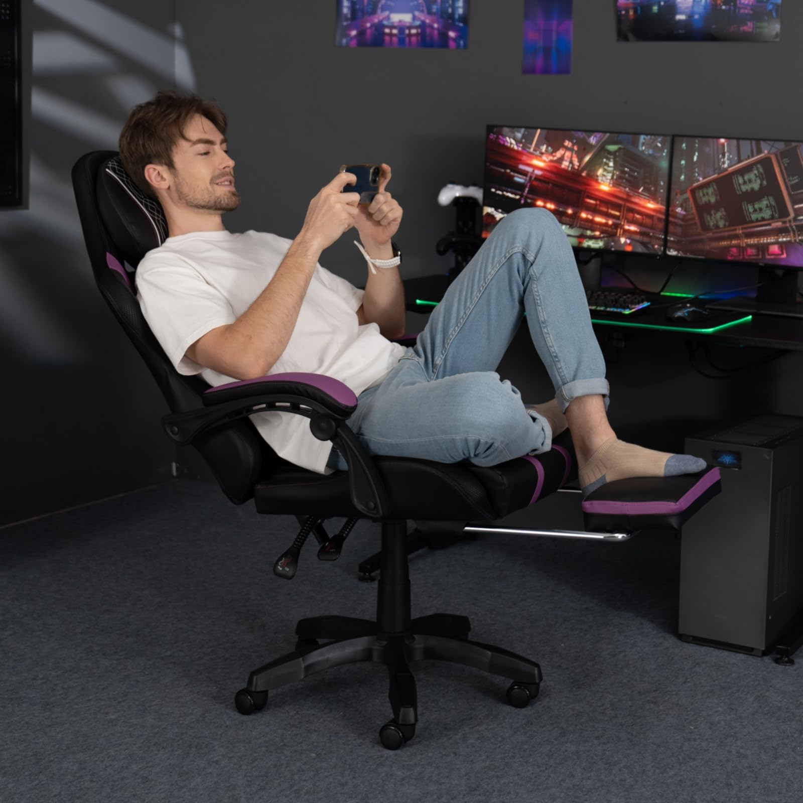 HOFFREE Gaming Chair Massage with Speakers Bluetooth and Footrest Big and Tall Video Game Chair for Heavy People 400lb with Massager for Adults Purple and Black