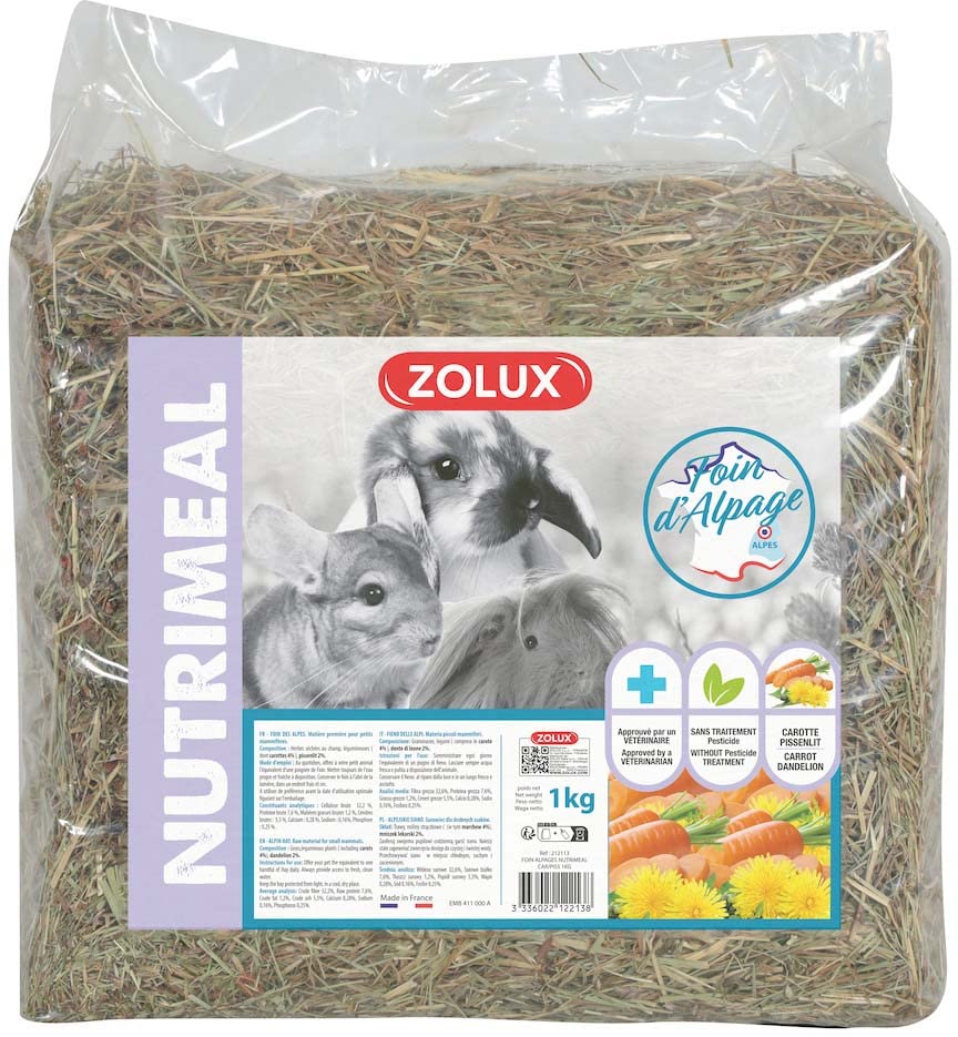 Zolux-Foin alpage Premium. Carotte et Pissenlit. 1 kg. pour Rongeur.-ZO-212113