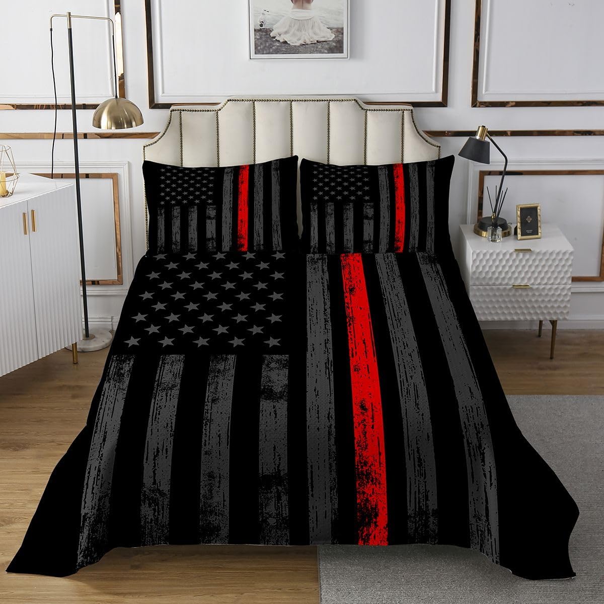 Erosebridal American Flag Quilt Queen Black Grey Red Line Flag Bedspread for Men Boys Kids Girls Novelty Star Stripe Coverlet Retro Vintage Flags Bedspread Quilt Set