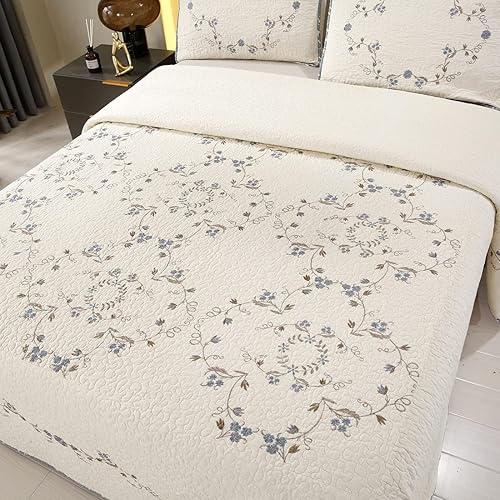 Miniatura 3 de vctops - Juego de colcha de 3 piezas, elegante, con bordado floral, de tamaño queen extragrande, 100% algodón, reversible y de retazos, 1 colcha y 2