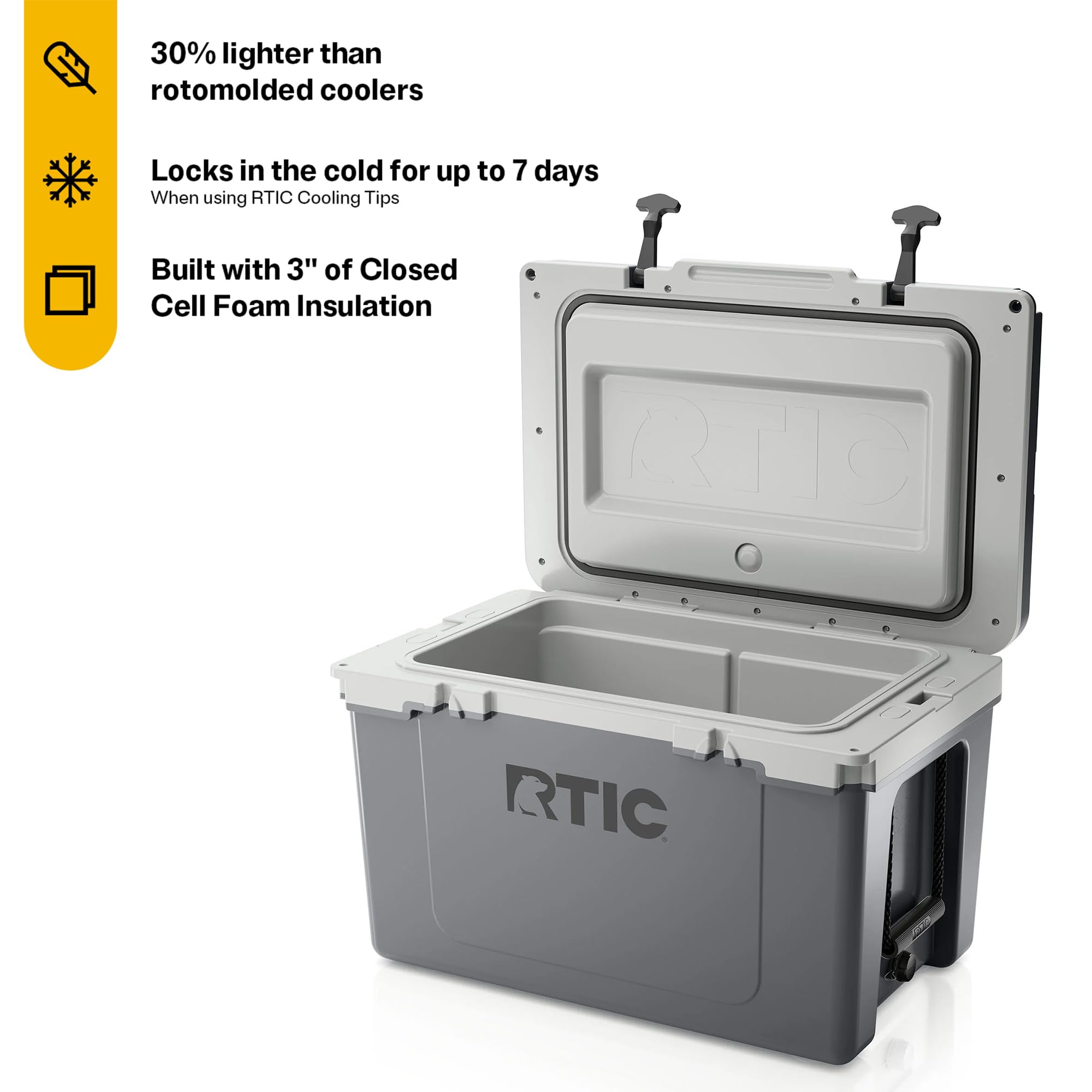 RTIC Ultra-Light 52 Quart Hard Cooler Insulated Portable Ice Chest Box for Beach, Drink, Beverage, Camping, Picnic, Fishing, Boat, Barbecue, 30% Lighter Than Rotomolded Coolers, Dark Grey & Cool