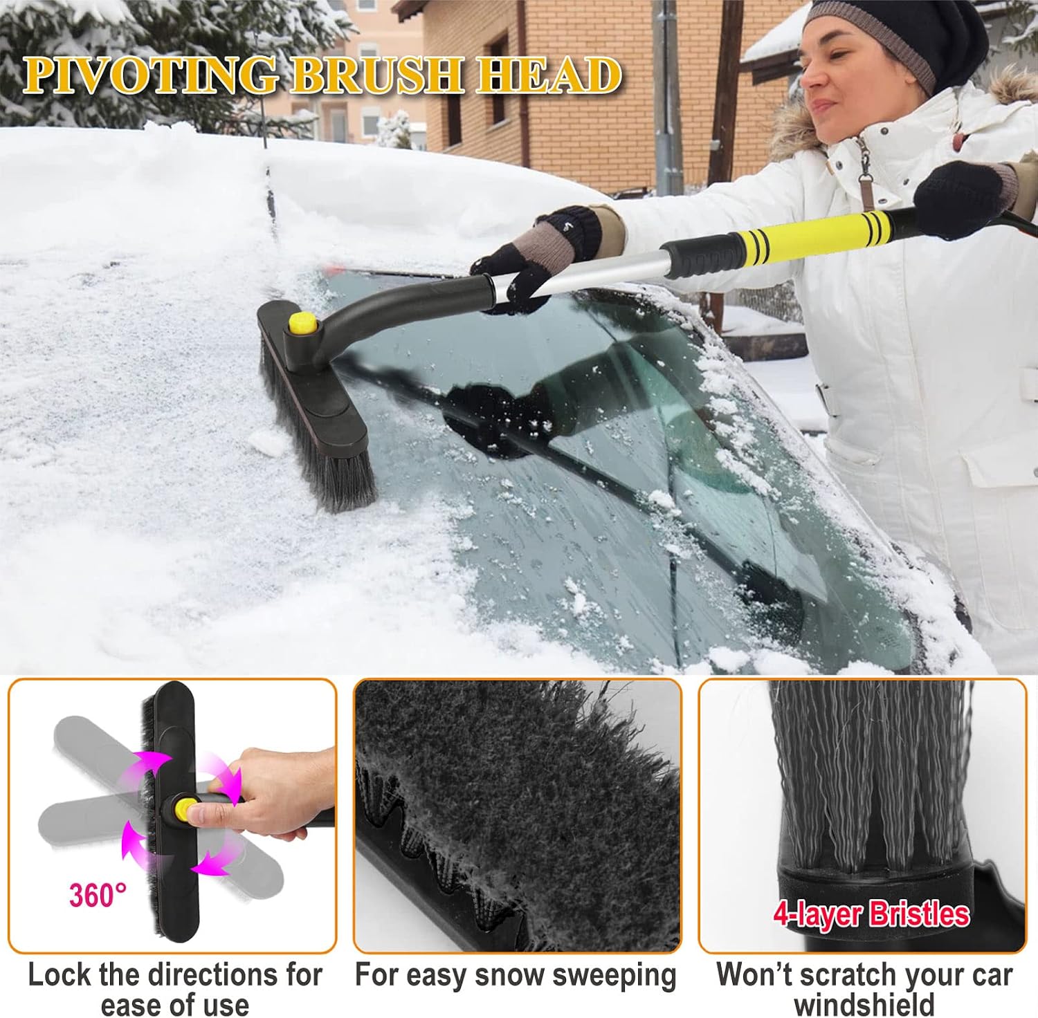 Viopic Extendable 32” Ice Scraper and Snow Brush, Snow Scraper w/Pivoting Brush Head for Car Windshield Car Vent, Detachable Snow Removal Tool with Ergonomic Foam Grip for Cars, 3-in-1, Yellow, 1Pack