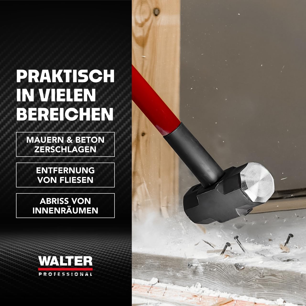 WALTER PROFESSIONAL Vorschlaghammer 4,5 kg 90 cm, Abbruchhammer, Sledge Hammer, vibrationsdämpfender Fiberglas-Griff für bequeme Handhabung und präzise Steuerung, robust und langlebig