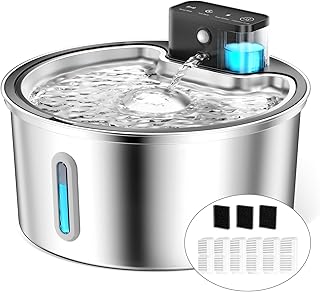 PawPoll Katzenbrunnen Kabellos mit Bewegungsmelder 4200mAh Batteriebetrieben, 3.2L Edelstahl Trinkbrunnen für Katze mit Leise Wasserpumpe, Pet Water Fountain 4200mAh, 6 Filter+3 Schaumstofffilter