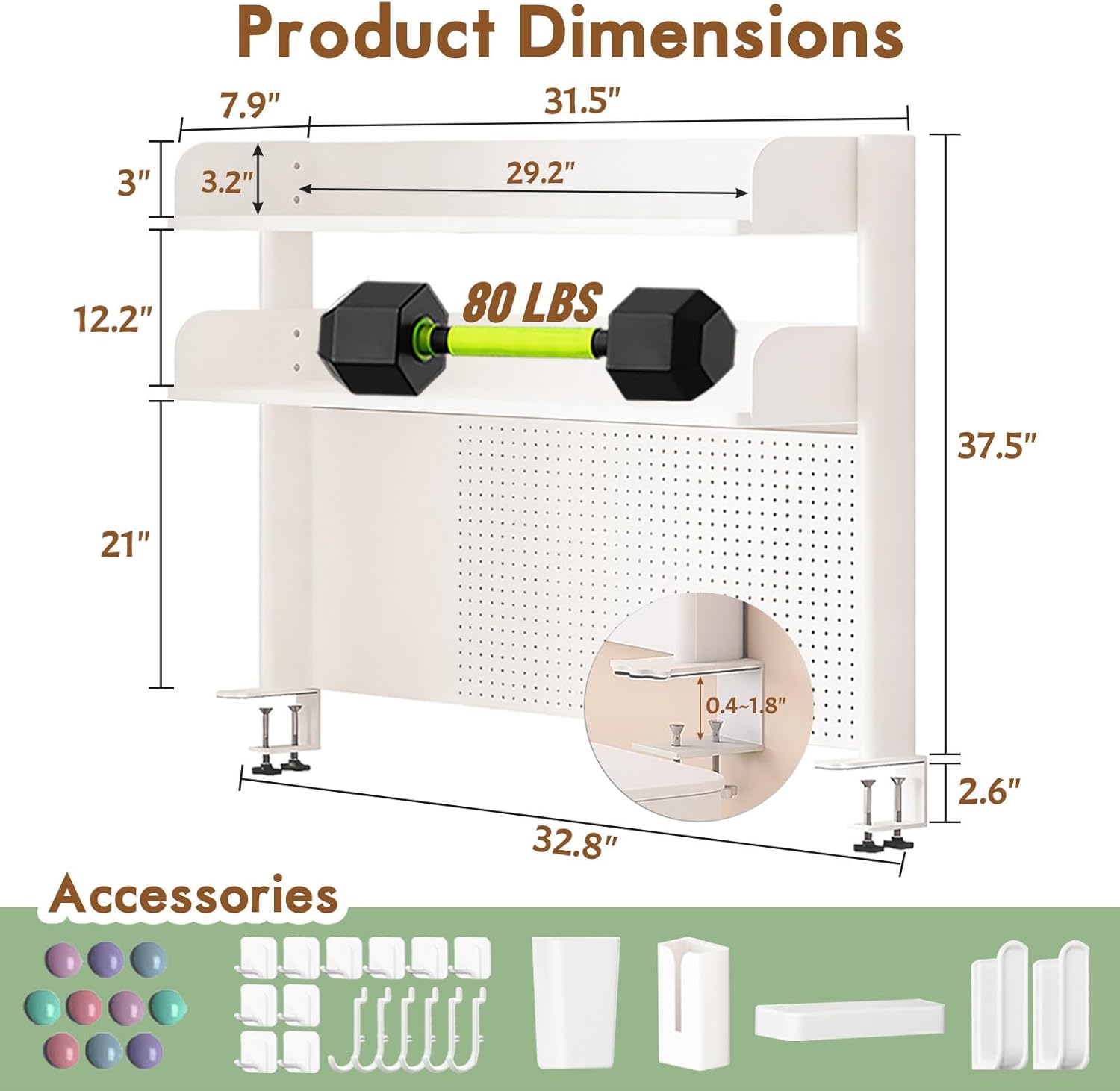 Clamp On Desk Shelf Organizer with Pegboard Desk Hutch Dorm with Storage Bookshelf Desk Top Organizer Shelf Multi-Purpose White & Black Desktop Shelves & Office Shelves (White, W - 31.5")