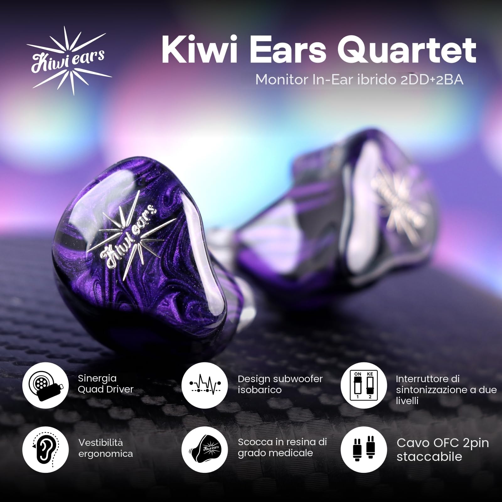 Linsoul Kiwi Ears Quartet 2DD+2BA Hybrid In-Ear Monitor, auricolari HiFi con guscio in resina lavorato a mano, cavo IEM staccabile OFC placcato in argento per musicisti audiofili DJ Studio Gaming