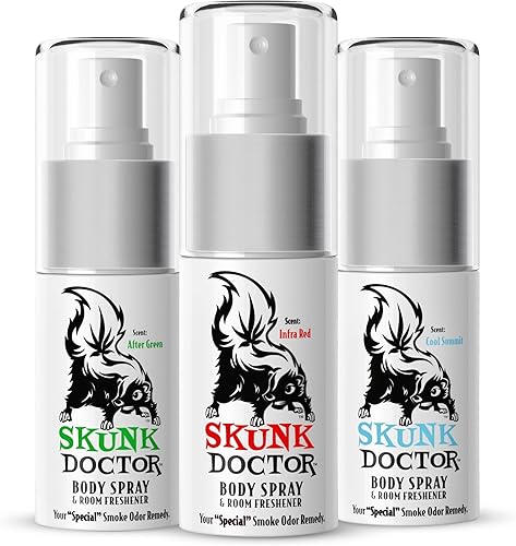 Skunk Doctor Spray eliminador de olores de humo (paquete de 5 aromas) Multiuso - Spray de humo, spray corporal y ambientador Eliminador de olores